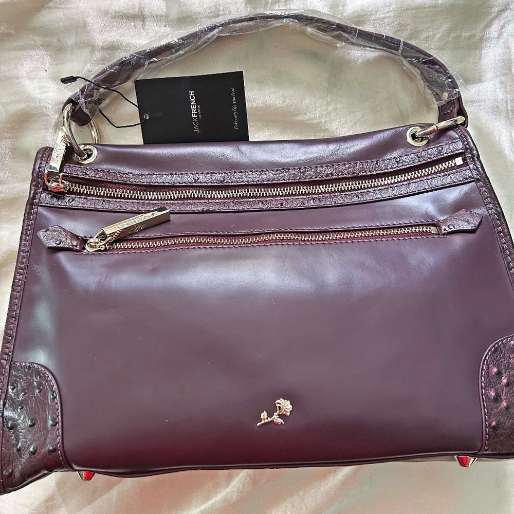 SATCHEL, JACK FRENCH LONDON HOLLOWAY LEATHER, PLUM, TOP ZIP, TOP HANDLE, POCKETS